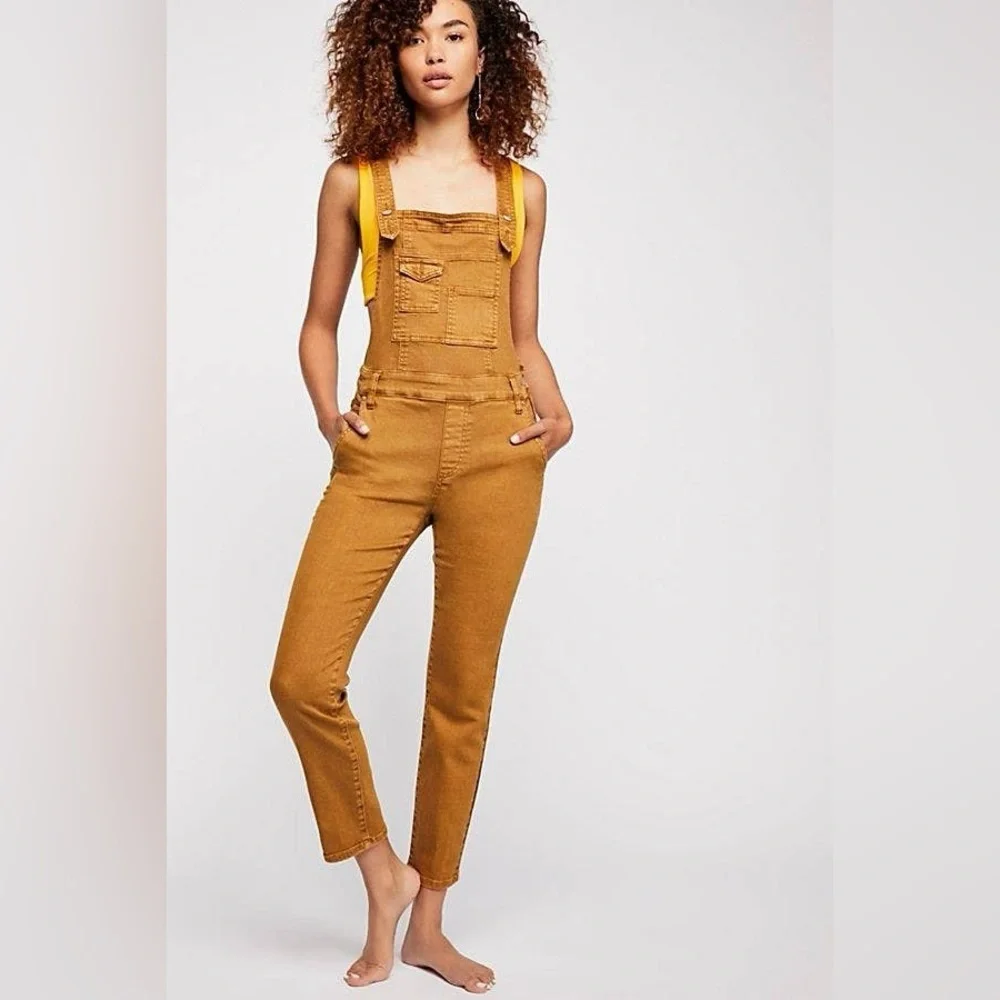 Free People Washed Denim corduroy Overalls In Amber Size 30 - Picture 2 of 10